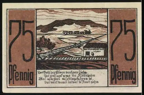 Notgeld Medebach 1921, 75 Pfennig, Ortsansicht mit Kirche, Wappen, Landschaft mit Eisenbahn, Gutschein