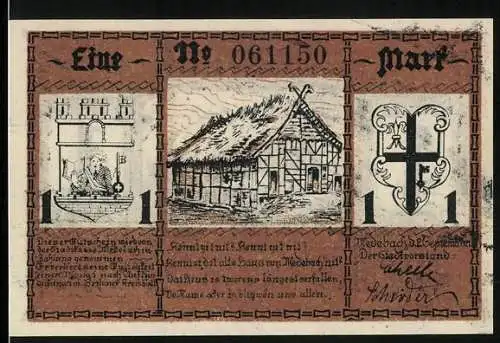 Notgeld Medebach, 1 Mark, Schnadezug 1641, Bauernkate und Wappen, Gutschein