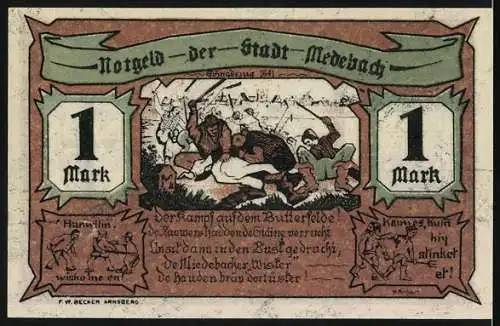 Notgeld Medebach, 1 Mark, Schnadezug 1641, Bauernkate und Wappen, Gutschein