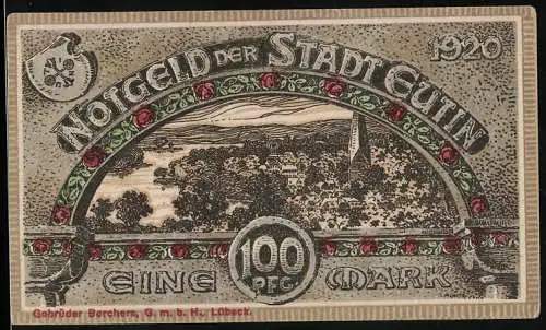 Notgeld Eutin 1920, 100 Pfennig, Ortsansicht mit Kirche, Wappen
