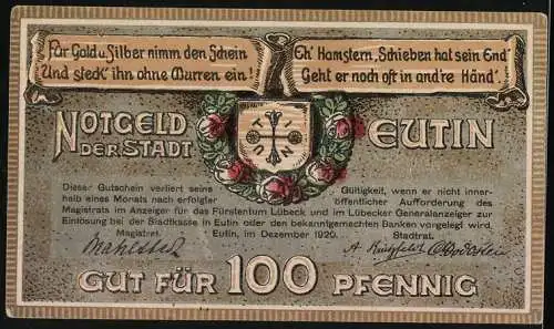 Notgeld Eutin 1920, 100 Pfennig, Ortsansicht mit Kirche, Wappen