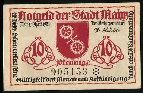 Notgeld Mainz 1921, 10 Pfennig, Wappen