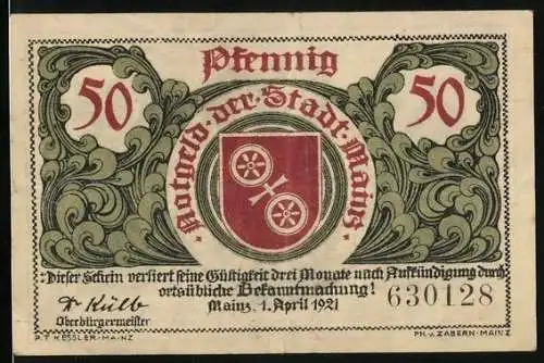 Notgeld Mainz 1921, 50 Pfennig, Adlerfibel und Wappen