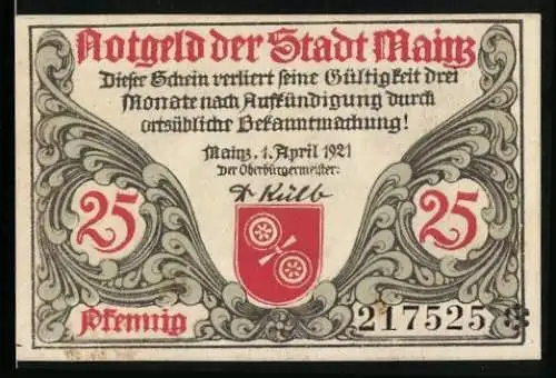 Notgeld Mainz 1921, 25 Pfennig, Römischer Legionärshelm und Wappen