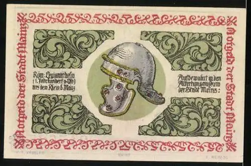 Notgeld Mainz 1921, 25 Pfennig, Römischer Legionärshelm und Wappen