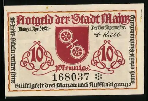 Notgeld Mainz 1921, 10 Pfennig, Wappen des Erfinders des Buchdrucks Johannes Gutenberg