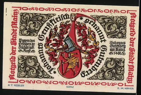 Notgeld Mainz 1921, 10 Pfennig, Wappen des Erfinders des Buchdrucks Johannes Gutenberg