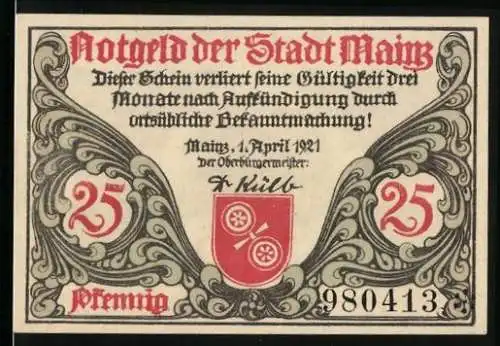 Notgeld Mainz 1921, 25 Pfennig, Römischer Legionärshelm, Wappen