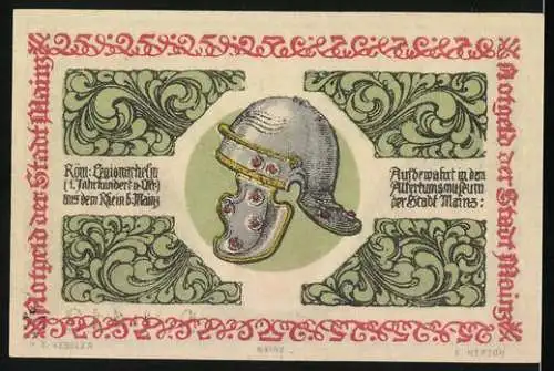 Notgeld Mainz 1921, 25 Pfennig, Römischer Legionärshelm, Wappen