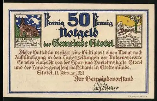 Notgeld Stotel 1921, 50 Pfennig, Liebesbund mit Oldenburg 1501, Kirche und Landschaft