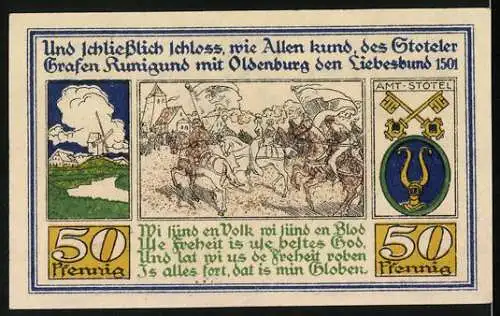 Notgeld Stotel 1921, 50 Pfennig, Liebesbund mit Oldenburg 1501, Kirche und Landschaft