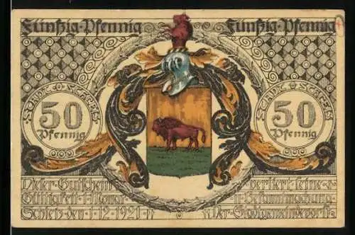 Notgeld Schleiz 1921, 50 Pfennig, Bildnis J. F. Böttger, Deutscher Erfinder des Porzellans, Wappen