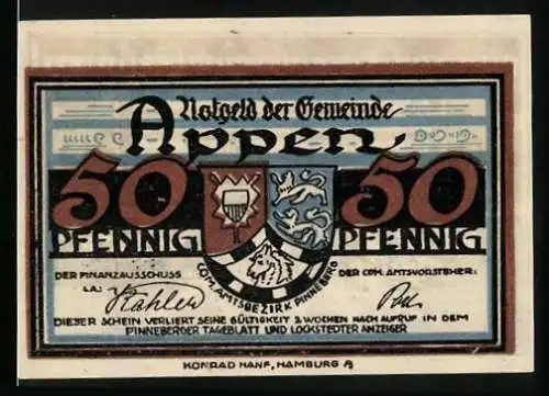 Notgeld Appen, 50 Pfennig, Wurzeln einer Eiche und Wappen