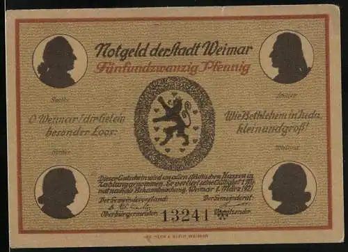 Notgeld Weimar 1921, 25 Pfennig, Scherenschnitt Goethe, Schiller, Herder und Wieland, Schillerhaus