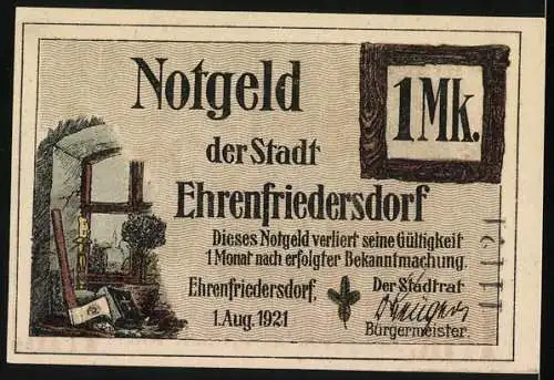 Notgeld Ehrenfriedersdorf 1921, 1 Mark, Trauerfeier in der Kirche Glück auf zur letzten Schicht