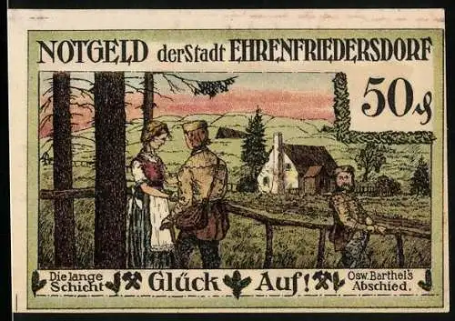 Notgeld Ehrenfriedersdorf 1921, 50 Pfennig, Mann verabschiedet sich von seiner Frau, Osw. Barthel`s Abschied