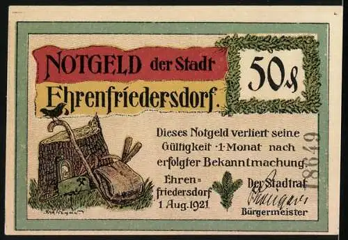 Notgeld Ehrenfriedersdorf 1921, 50 Pfennig, Mann verabschiedet sich von seiner Frau, Osw. Barthel`s Abschied
