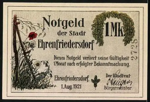 Notgeld Ehrenfriedersdorf 1921, 1 Mark, Oswald Barthels Tod