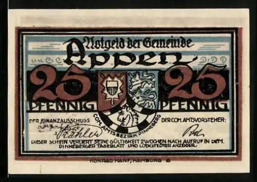 Notgeld Appen, 25 Pfennig, Wurzeln einer Eiche, Wappen