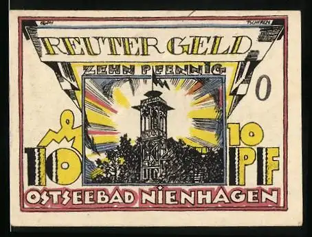Notgeld Nienhagen 1922, 10 Pfennig, Fischer holen das Netz ein, Leuchtturm