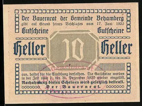 Notgeld Behamberg 1920, 10 Heller, Ortspartie