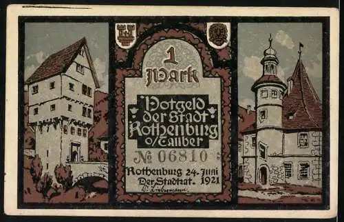 Notgeld Rothenburg o. Tauber 1921, 1 Mark, Ortspartie, Figurengruppe Liebe, Treue, Glaube und Recht