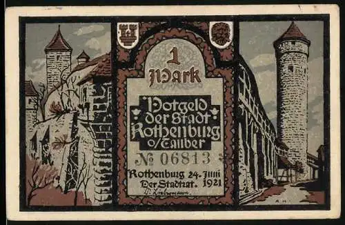 Notgeld Rothenburg o. Tauber 1921, 1 Mark, Ortspartie, Figurengruppe Liebe, Treue, Glaube und Recht