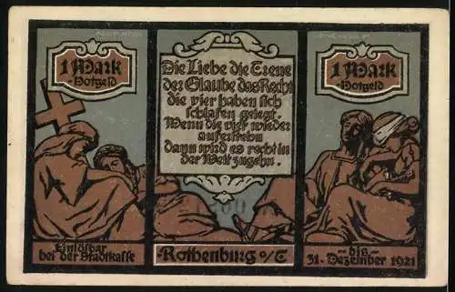 Notgeld Rothenburg o. Tauber 1921, 1 Mark, Ortspartie, Figurengruppe Liebe, Treue, Glaube und Recht