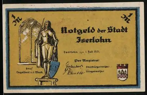 Notgeld Iserlohn 1921, 1 Mark, Statue Graf Engelbert v. d. Mark, Wappen, Windvuegelverein