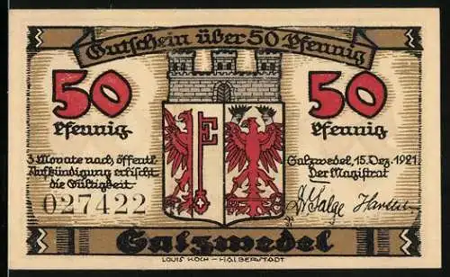 Notgeld Salzwedel 1921, 50 Pfennig, Ortspartie und Wappen