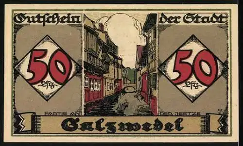 Notgeld Salzwedel 1921, 50 Pfennig, Ortspartie und Wappen