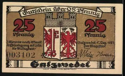 Notgeld Salzwedel 1921, 25 Pfennig, Neuperver Tor und Wappen