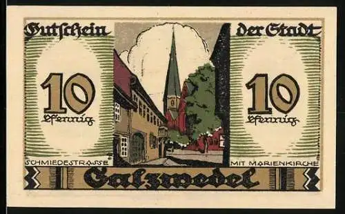 Notgeld Salzwedel 1921, 10 Pfennig, Schmiedestrasse mit Marienkirche, Wappen