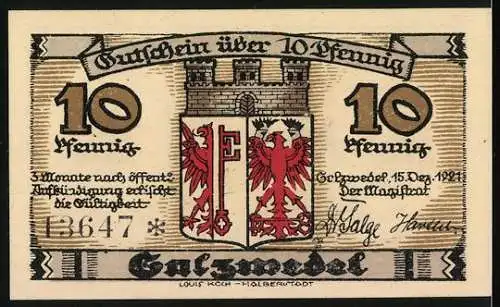Notgeld Salzwedel 1921, 10 Pfennig, Schmiedestrasse mit Marienkirche, Wappen