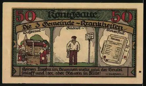 Notgeld Königsaue 1921, 50 Pfennig, Die 3 Gemeinde-Krankheiten Wassernot, Geldnot, Steuerflut