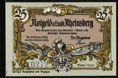 Notgeld Rheinsberg, 25 Pfennig, Wappen, Mann mit weisser Toga und Schild