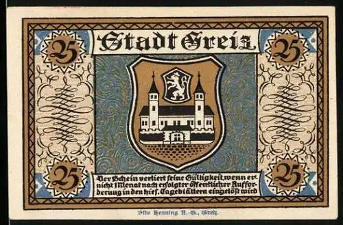 Notgeld Greiz 1921, 25 Pfennig, Oberes Schloss, Wappen