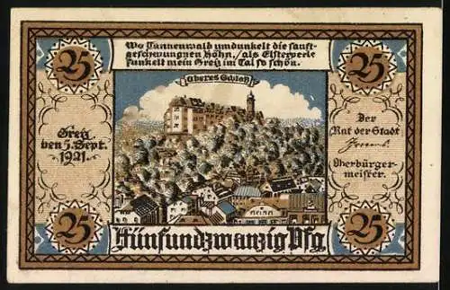 Notgeld Greiz 1921, 25 Pfennig, Oberes Schloss, Wappen