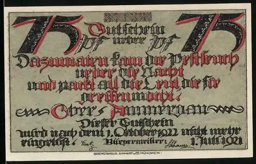 Notgeld Oberammergau 1921, 75 Pfennig, Stadtpanorama mit Sensenmann, Gutschein