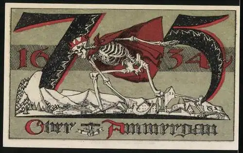 Notgeld Oberammergau 1921, 75 Pfennig, Stadtpanorama mit Sensenmann, Gutschein