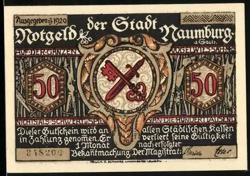 Notgeld Naumburg a. Saale 1920, 50 Pfennig, Schnerenschnitt Kinder laufen im Gänsemarsch hintereinander, Wappen