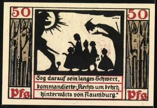 Notgeld Naumburg a. Saale 1920, 50 Pfennig, Schnerenschnitt Kinder laufen im Gänsemarsch hintereinander, Wappen