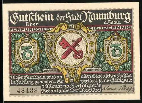 Notgeld Naumburg a. Saale 1921, 75 Pfennig, Jacobsthor und Wappen, Gutschein