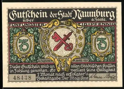 Notgeld Naumburg a. Saale 1921, 75 Pfennig, Marienthor und Wappen, Gutschein