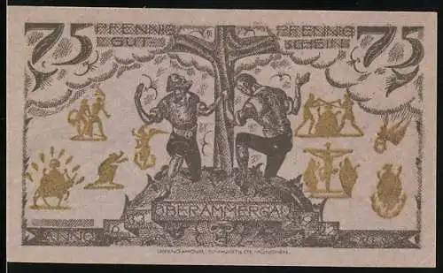 Notgeld Oberammergau 1921, 75 Pfennig, Ortsansicht, Männer knien vor einem Baum