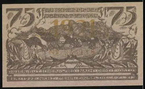 Notgeld Oberammergau 1921, 75 Pfennig, Ortsansicht, Männer knien vor einem Baum