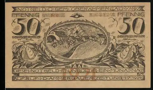 Notgeld Oberammergau 1921, 50 Pfennig, Ortsansicht, Jesus am Kreuz, Bildnis Daisenberger und Weiss