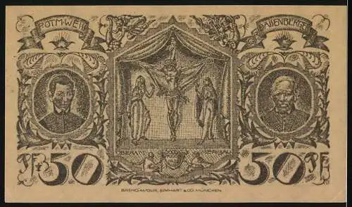 Notgeld Oberammergau 1921, 50 Pfennig, Ortsansicht, Jesus am Kreuz, Bildnis Daisenberger und Weiss