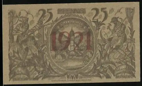 Notgeld Oberammergau 1921, 25 Pfennig, Ortsansicht, Jesus am Kreuz, Gutschein