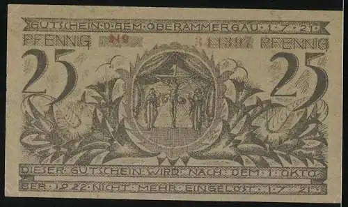 Notgeld Oberammergau 1921, 25 Pfennig, Ortsansicht, Jesus am Kreuz, Gutschein